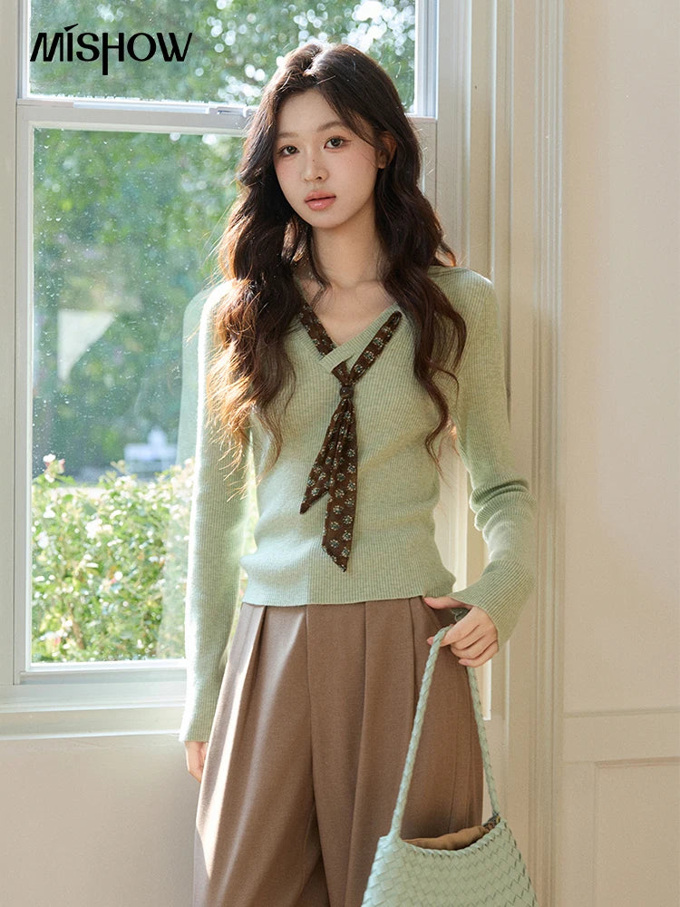 MISHOW Women's V Neck Tie Neck Floral Ribbed Knit Tops 2026 Spring Long Sleeve Slim Casual Soft Green Thin Sweater MXF108Z1024