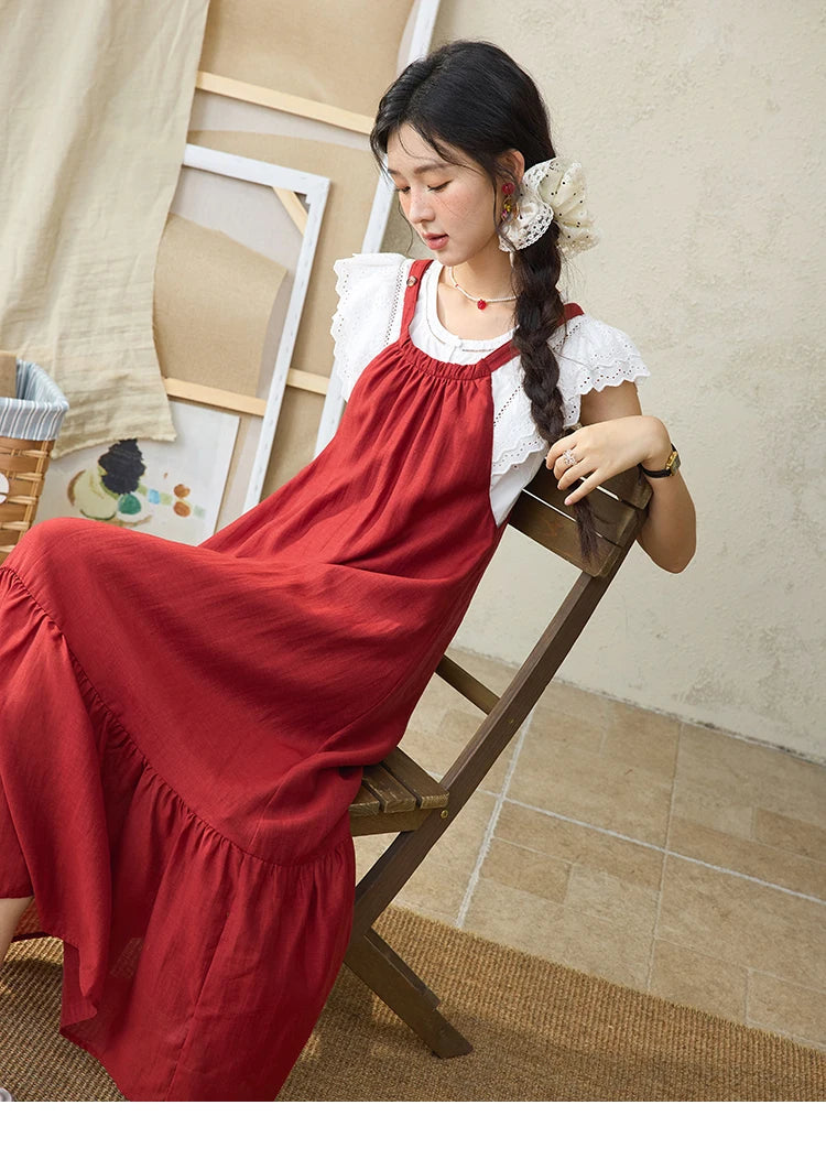 MISHOW Red Linen Strap Midi Dress Summer Sleeveless Casual Vacation Dress Hanging Neck Loose A-LINE Dress (Not A Set) MXE36L2309