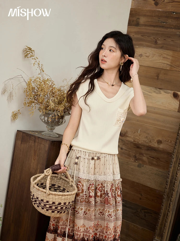 MISHOW Cool Knitted Short Sleeve T-shirt 2025 Summer V-neck Pocket Shell Lace Tops Casual Solid Raglan Sleeve Tees MXE34Z1265