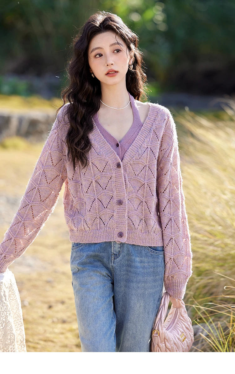 MISHOW French Knit Cardigan Women Separately 2025 Spring New Korean Casual Diamond Plaid Sweet V Neck Hollow Sweater MXE11Z1198