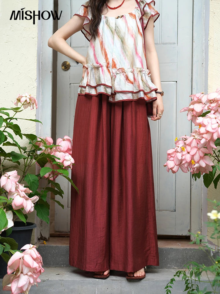 MISHOW Women's Wide Leg Pants 2025 Summer New Office Lady Fashion High Waist Casual Pocket Red Pants Female Clothing MXE38K0952