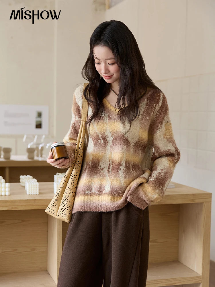 MISHOW Yellow Coffee Gradient Sweater Women 2025 Autumn Winter New V-neck Cable Knit Top Retro Commute Loose Sweater MXE51Z2627