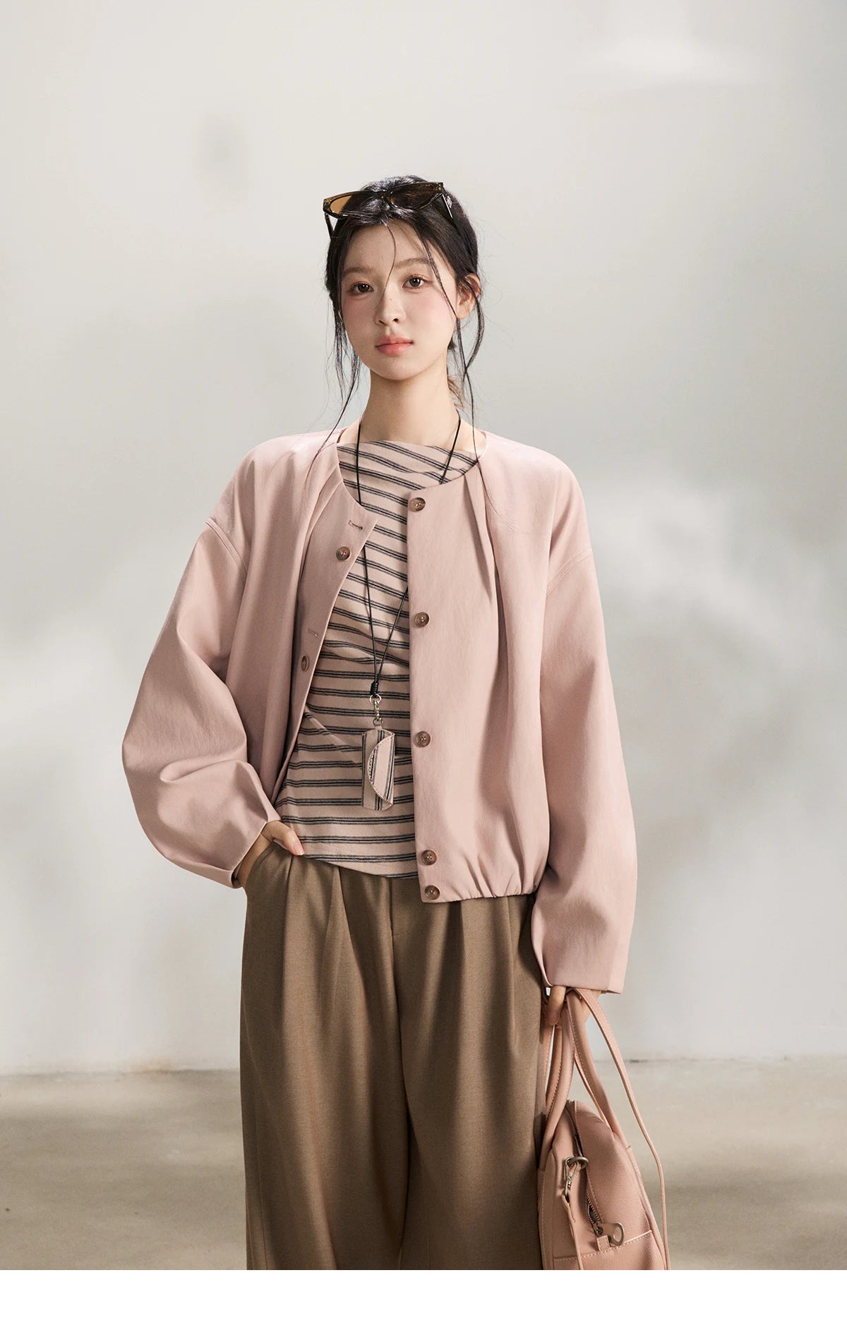 MISHOW Women's Pink Flower Bud Leather Jacket Spring 2026 Crew Neck Single-breasted Coats Casual Loose Cropped Coat MXF108W1001