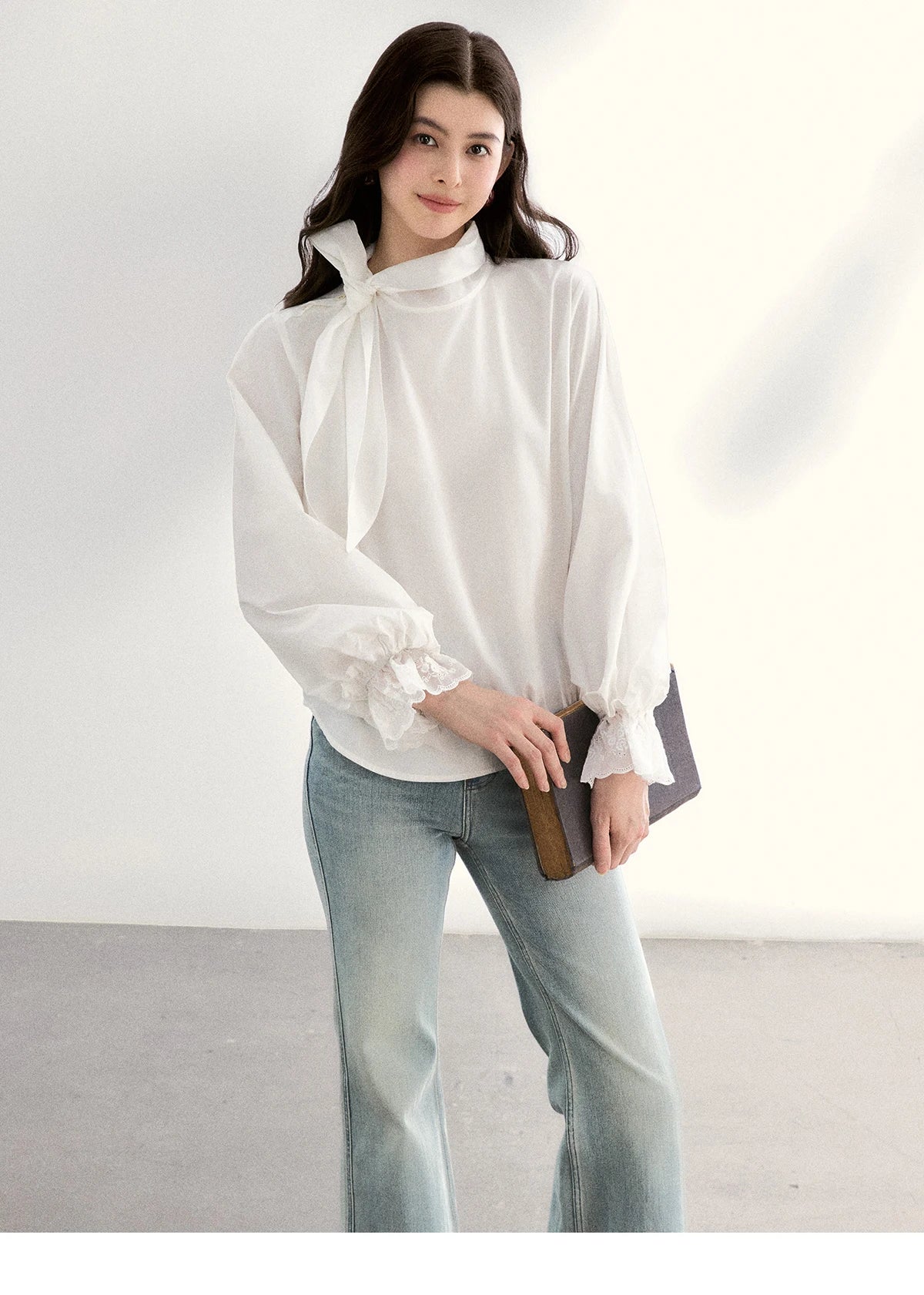 MISHOW Women's White Blouse Spring Bow Tie Neck Lantern Sleeve Patchwork Lace Blouses Casual Elegant Top Office Lady MXF108C0814