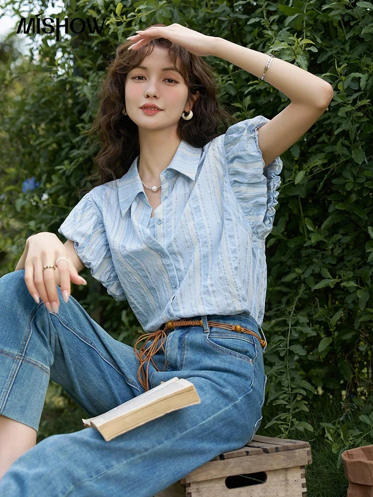 MISHOW Blue Striped Short Sleeve Shirt for Women Summer 2025 Bubble Flower Bud Sleeves Lapel Neck Shirt with Tube Top MXD24C0204