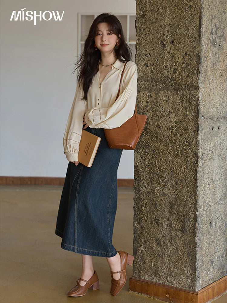 MISHOW High Waist Slim Denim Skirt for Women Autumn 2025 Fashion Pocket Skirt Rear Hem Split Casual Skirt Office Lady MXE41B2379