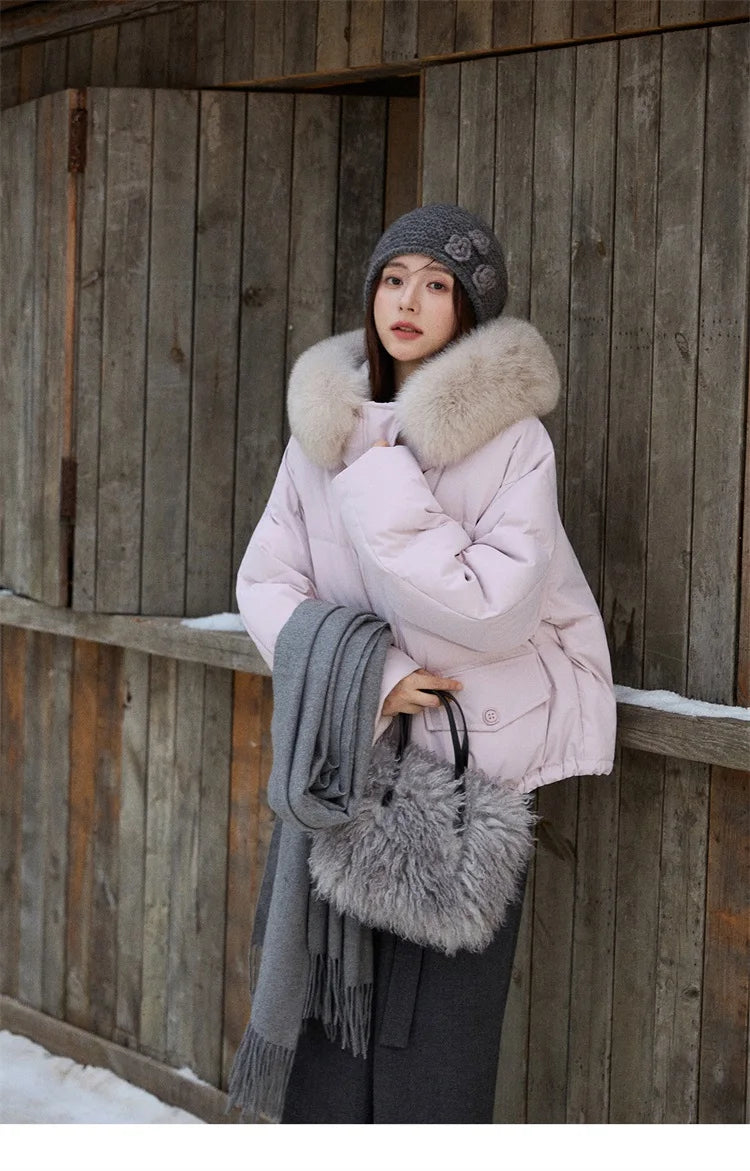 MISHOW Short Lightweight Puffer for Women 2025 Fashion Loose Long-sleeved Down Jacket Detachable Fur Collar Warm Coat MXE87Y0084