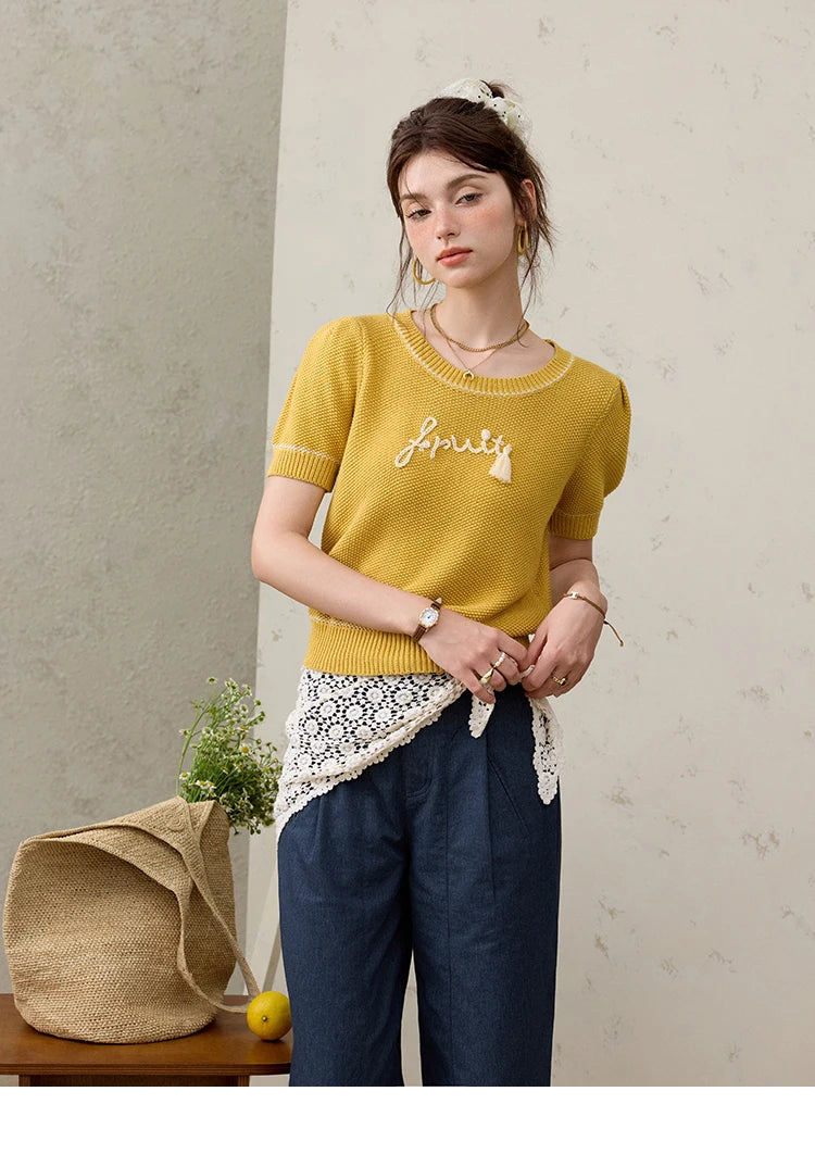 MISHOW French Knitted Pullover Women Summer 2025 Letter Short Sleeve Round Neck Slimming Sweater Female Fashion MXE33Z1219