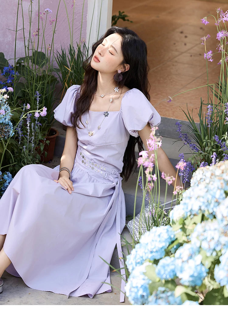 MISHOW French Purple Dresses Women Summer 2025 Solid Short Puff Sleeve Square Neck Slimming Dress Woman New Fashion MXE34L2222