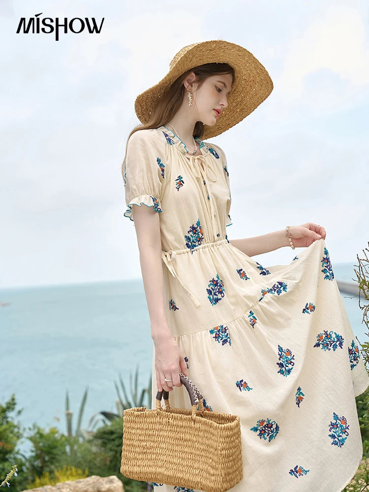 MISHOW French Romantic Dress 2024 Summer Women Embroidered Flower Fairycore Dresses Elastic Waist Drawstring Dress MXD24L1835