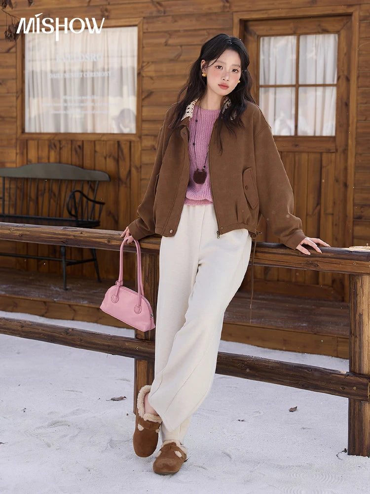 MISHOW Brown Jacket for Women 2025 Autumn Winter Retro Detachable Lace Collar Drawstring Hem Jacket  Women's Clothing MXE45W0846