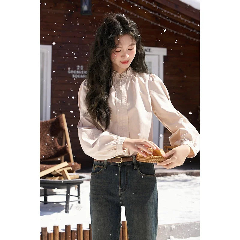 MISHOW French Autumn Winter Button Up Lantern Long Sleeve Shirts Women Ruffle Neck Thick Warm Blouse Flannel Shirt MXC56X1320