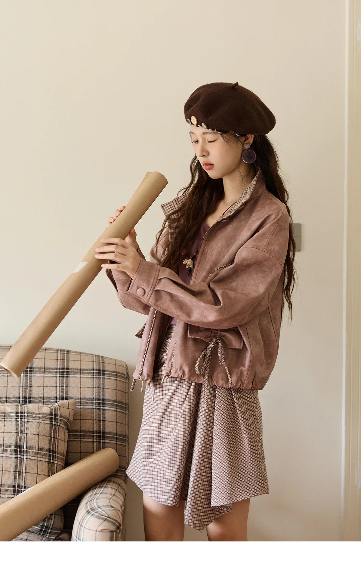 MISHOW Women's Dyed Leather Jackets 2025 Autumn Short Contrasting Plaid Lapel Jacket Fashion Loose Bow Pockets Coat MXE44W0818