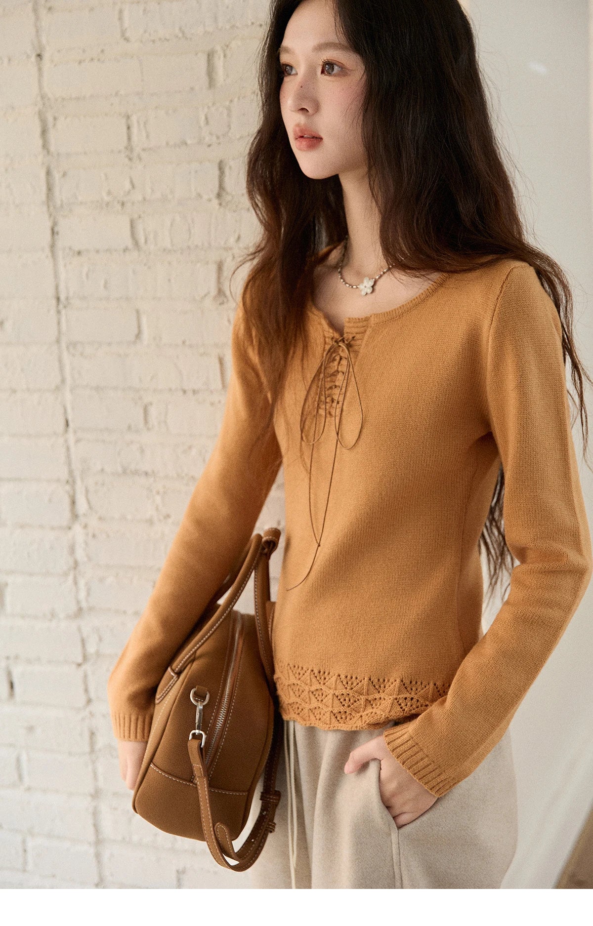 MISHOW Woman Beige Knit Top 2025 Winter Contrast Color French Style Hem Hollow Crochet Sweater Slim Long Sleeves Top MXE89Z2634