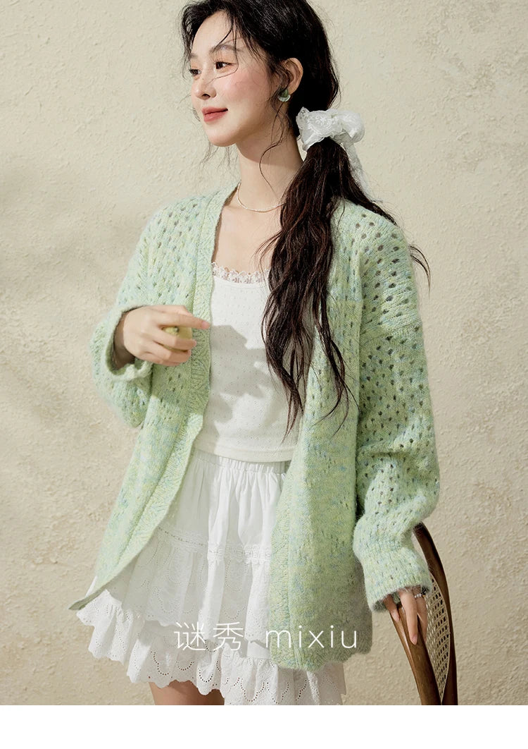 MISHOW Green Knitted Cardigan for Women Spring 2025 Loose Hollow Out Wave Neck Commuting Slim Open Stitch Cardigan MXE12Z1212