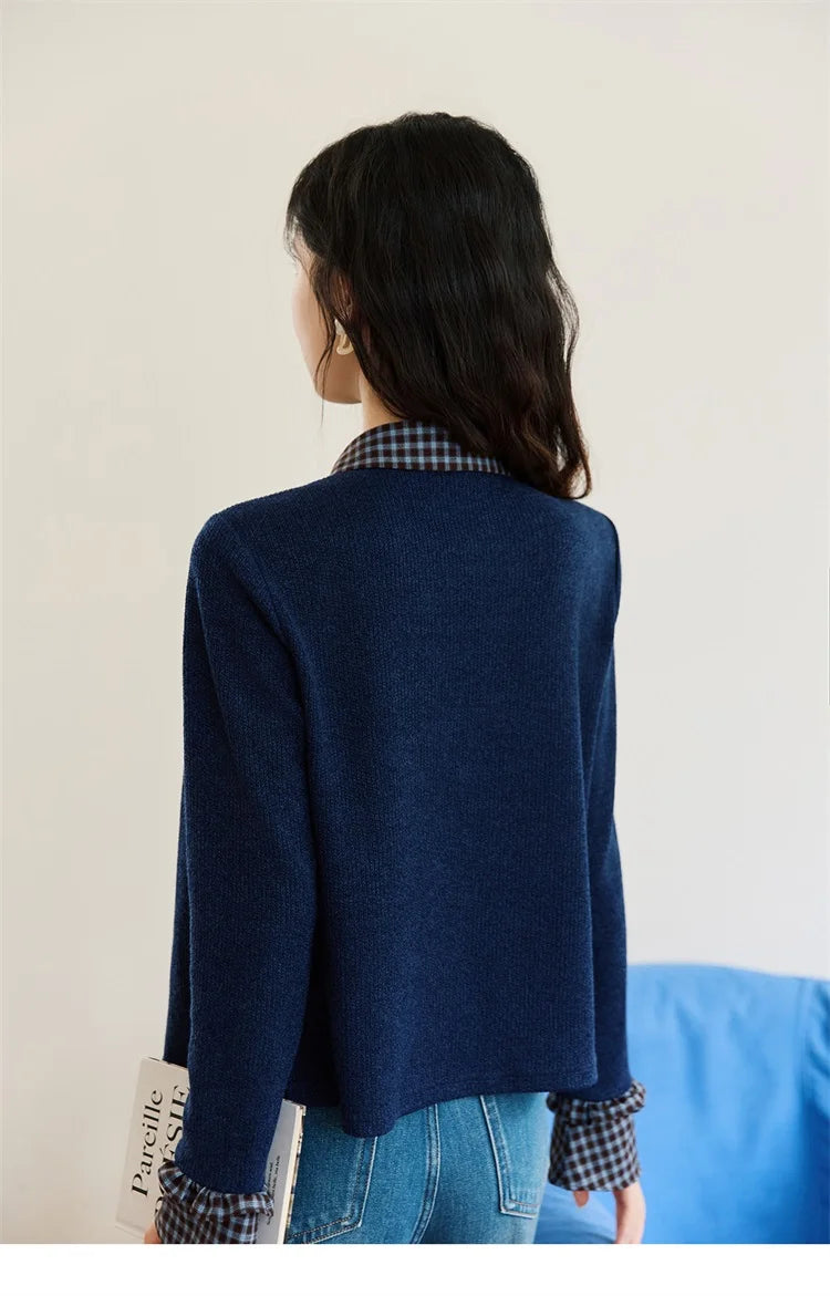 MISHOW Women's Fake Two Knitted Sweaters 2025 Autumn Plaid Splicing Embroidered Tops Retro Lapel Flare Sleeve Tops MXE45Z1401