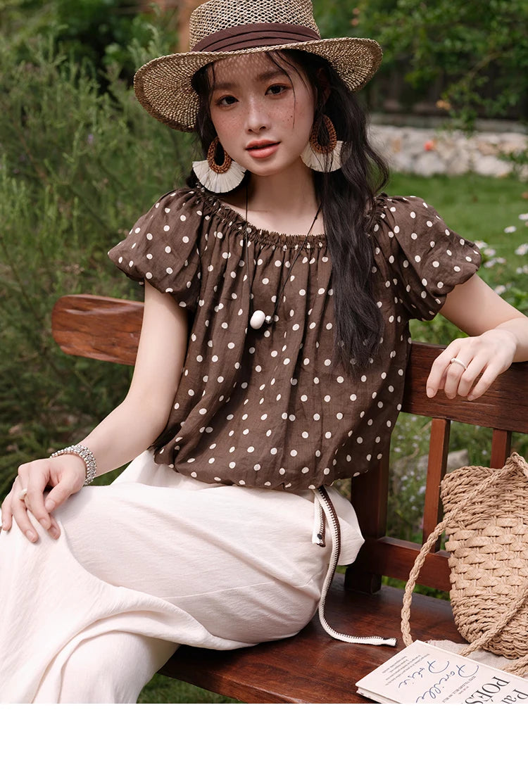 MISHOW Women's Two-Piece Set Fashion Polka Dot One Shoulder Puff Sleeve Blouse Summer 2025 Casual Wide Leg Pants Set MXE38T0683