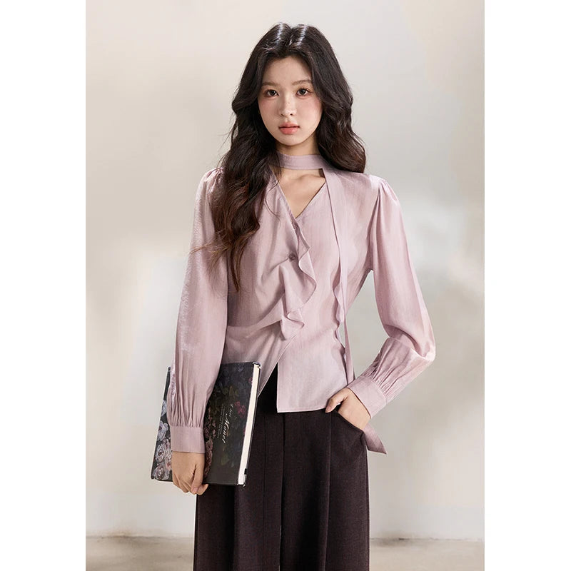 MISHOW Women's Purple Sweet Shirts 2026 Spring Ribbon V-Neck Ruffled Asymmetrical Shirt Back Lace-up Waist Casual Top MXF13X2527