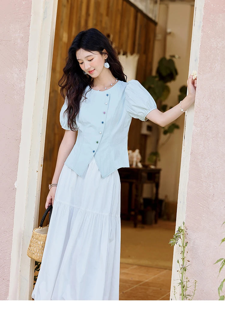 MISHOW Bubble Sleeves  Blouses for Women Summer 2025 Irregular Placket Tops Rainbow Button Solid Blouse Office Lady MXE34X1782