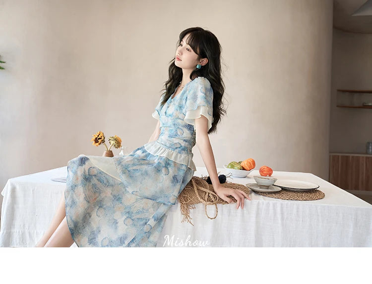 MISHOW [Van Gogh Collection] Fairycore Dresses 2025 Summer Double Layer Sleeves Asymmetrical V-Neck Printing Dress MXC39L1527
