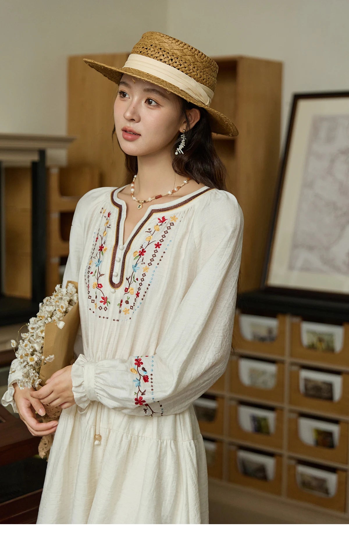 MISHOW Woman Long Sleeve Dress Autumn Elegant V-neck Embroidered Drawstring Waist Dress A-line Bohemian Midi Dresses MXE44L2489