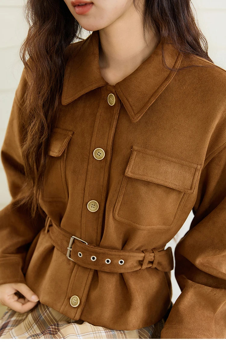 MISHOW Short Jacket for Women 2025 Autumn New Brown Lapel Metal Button Decorated Jacket Windproof Commuter Outerwear MXE46W0864
