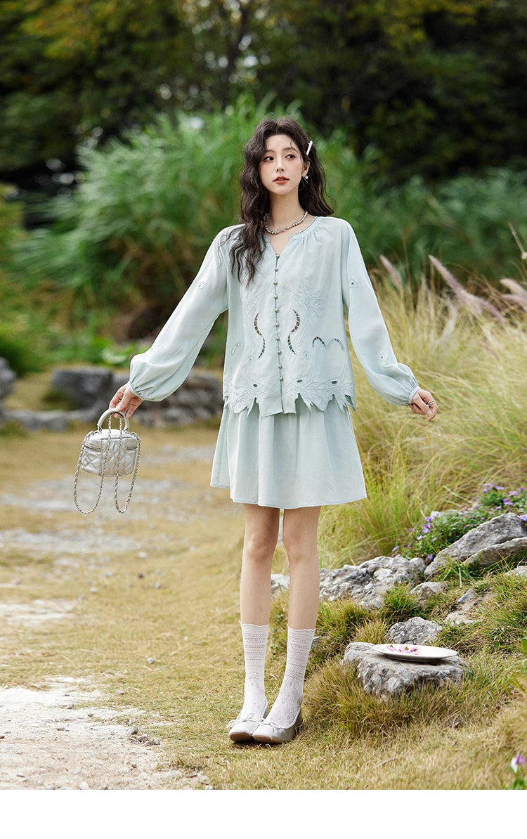 MISHOW Women's Sweet Blouses A-line Skirts Set Vintage Hollow Out Embroidery Loose Shirt Solid Skirt Two-piece Set MXE12T0455