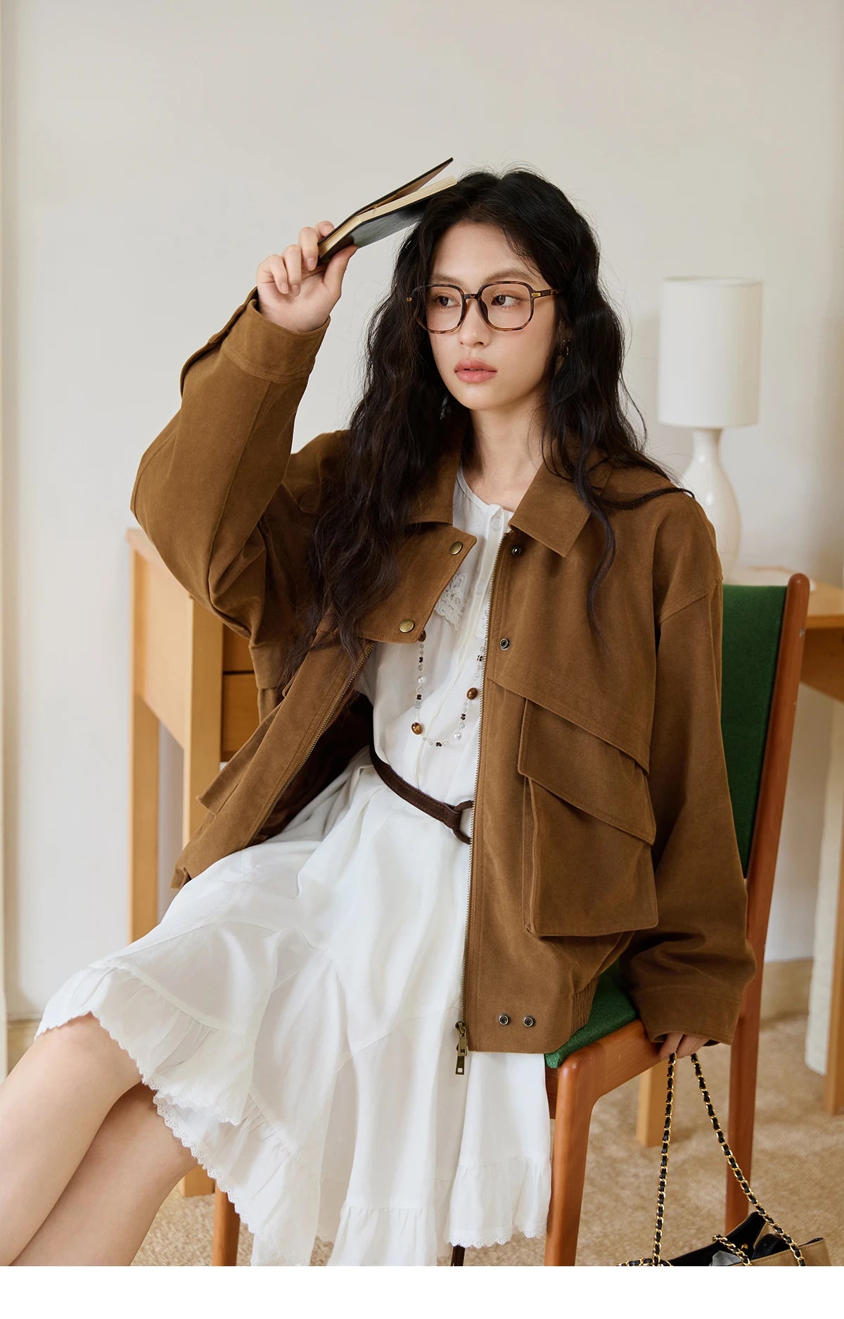 MISHOW Suede Retro Brown Jacket for Women Autumn Winter 2025 Pocket Zipper Loose Coats Lapel Wide-waisted Casual Coat MXE46W0866