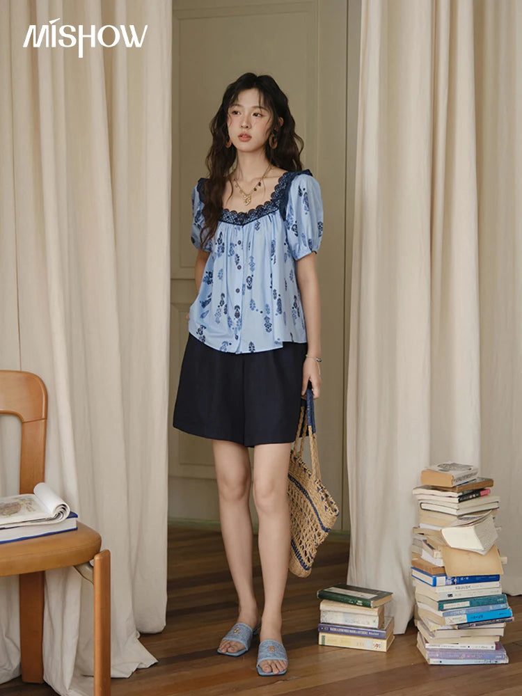 MISHOW Fashion Print Cotton Shirt for Women 2025 Summer New Puff Sleeve Lace Splicing Retro Blue Casual Button Top MXE35X1842