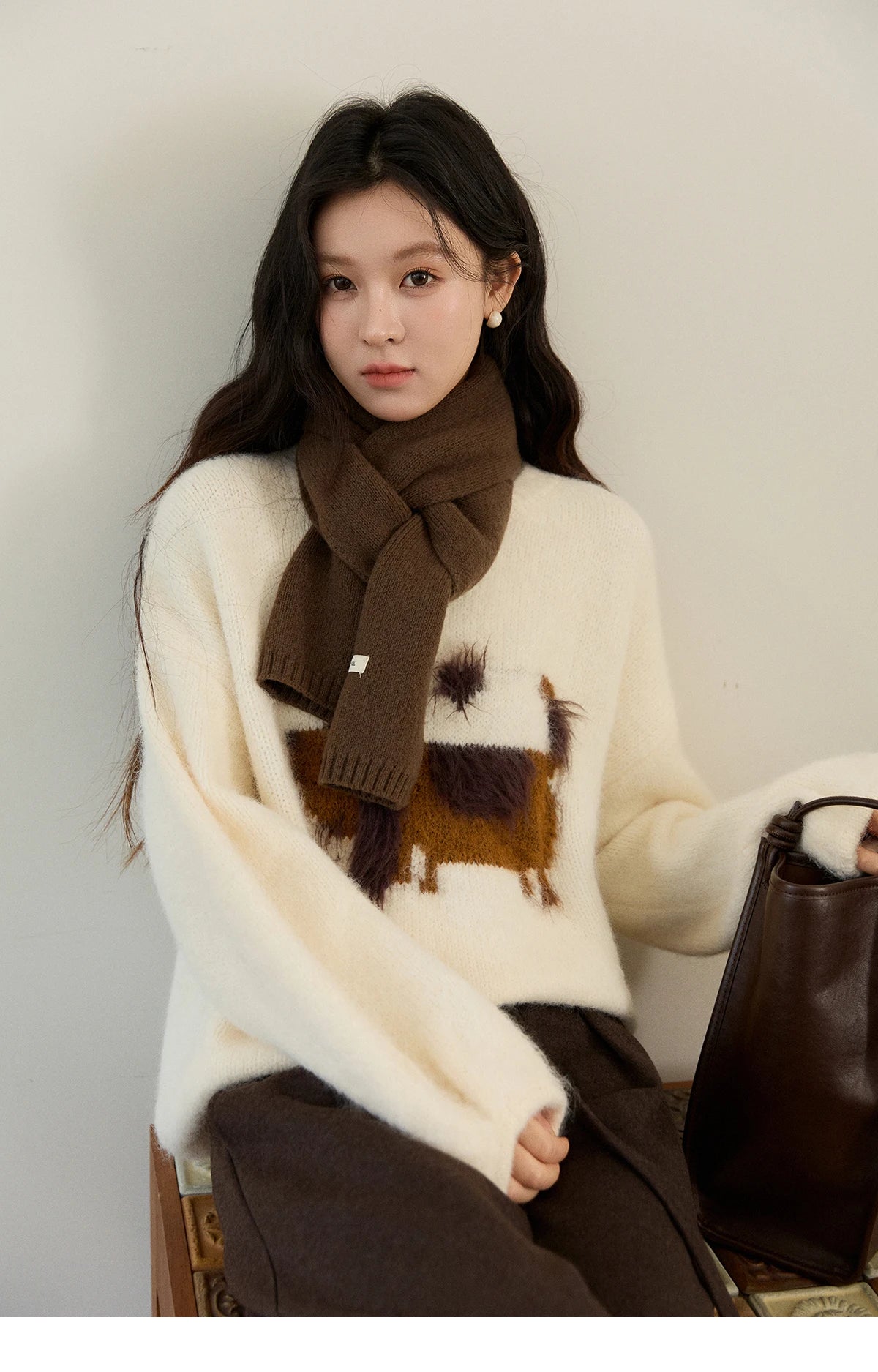 MISHOW Women's Solid Knitted Sweater 2025 Autumn Winter Dog Pattern Jacquard Crew Neck Fluffy Warm Loose Pullover Top MXE94Z2988