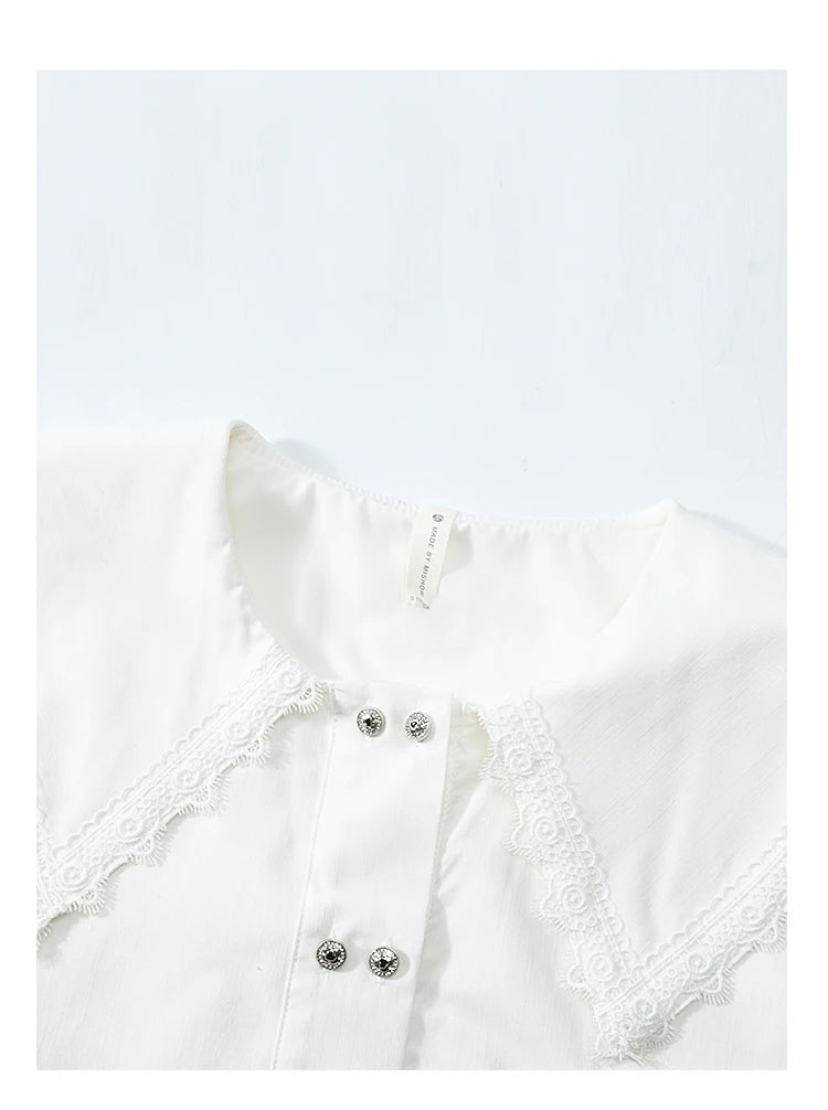 MISHOW Korean Doll Neck Shirt 2024 Spring Lace Patchwork Bubble Sleeve Elastic Hem Double Breasted Solid Short Tops MXD12C0164