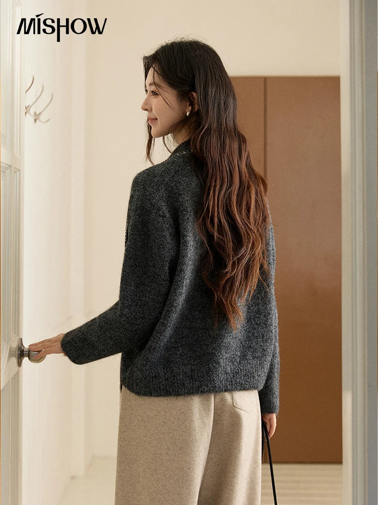 MISHOW Women's Yellow Knitted Sweater 2025 Autumn Winter Bow Collar Splicing Lace Tops Loose Warm Pullover Sweaters MXE94Z2971