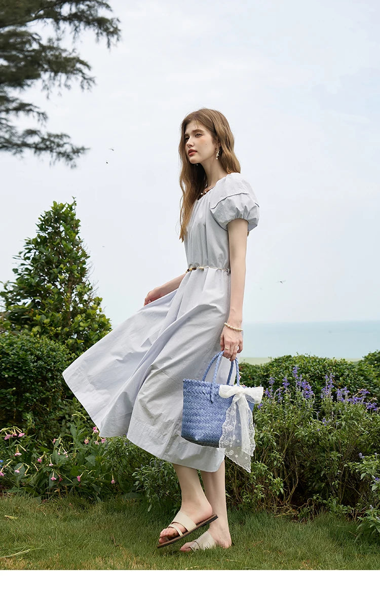 MISHOW 100 Cotton Bohemian Dress 2024 Summer French Elegant Elastic Round Neck Bubble Sleeve Long Dresses with Belt MXD26L1940