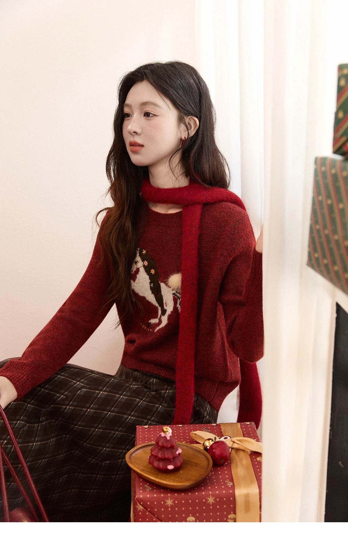 MISHOW Women's Christmas Red Jacquard Embroidered Pony Sweater 2025 Winter Thick Knitted Tops (Scarf Not Included) MXE94Z2861