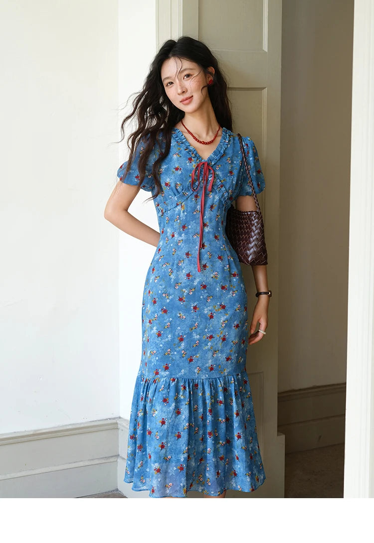 MISHOW Women's V-neck Lace Up Dress 2025 Summer New Female Fashion Puff Sleeve Chiffon Print Dresses Ladies Clothing MXE39L2401