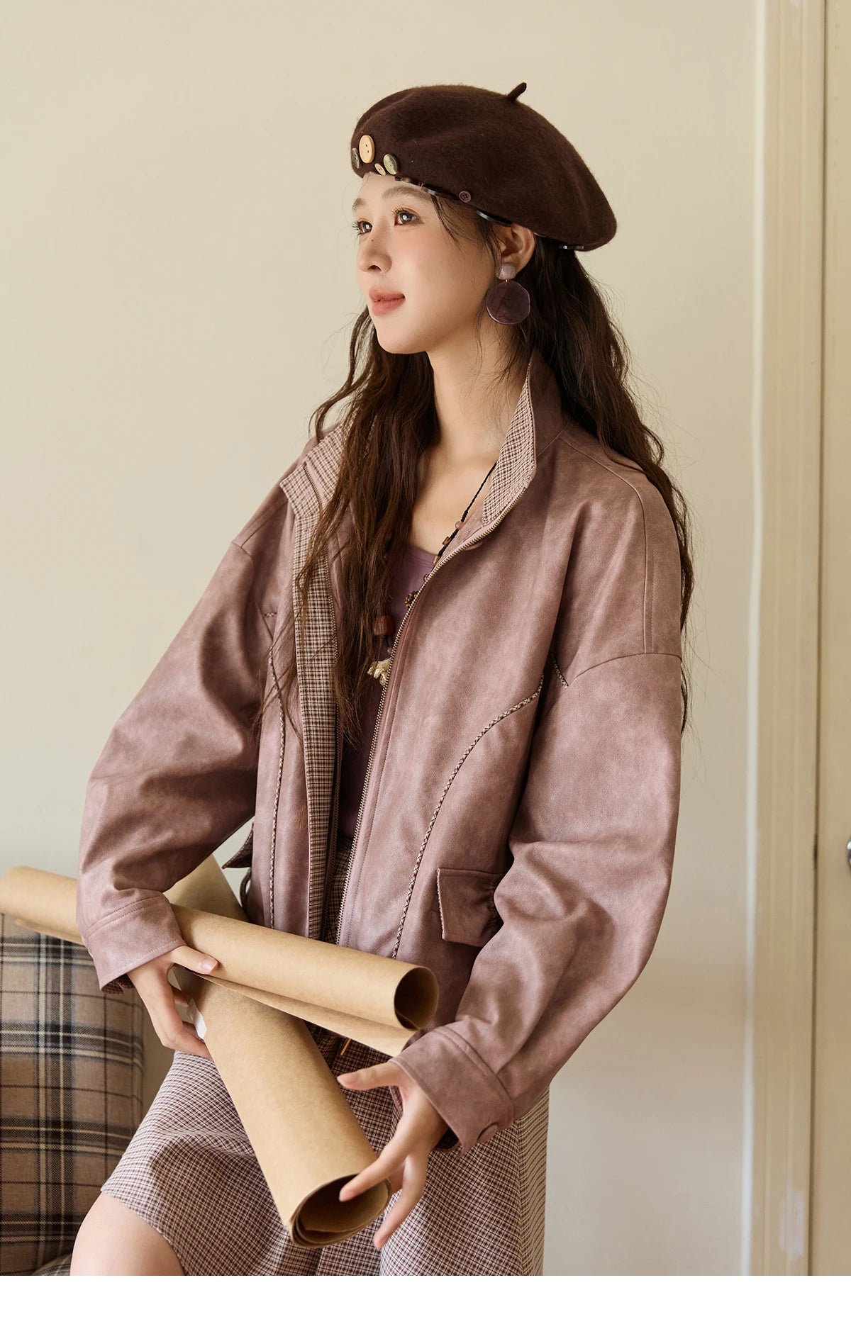 MISHOW Women's Dyed Leather Jackets 2025 Autumn Short Contrasting Plaid Lapel Jacket Fashion Loose Bow Pockets Coat MXE44W0818