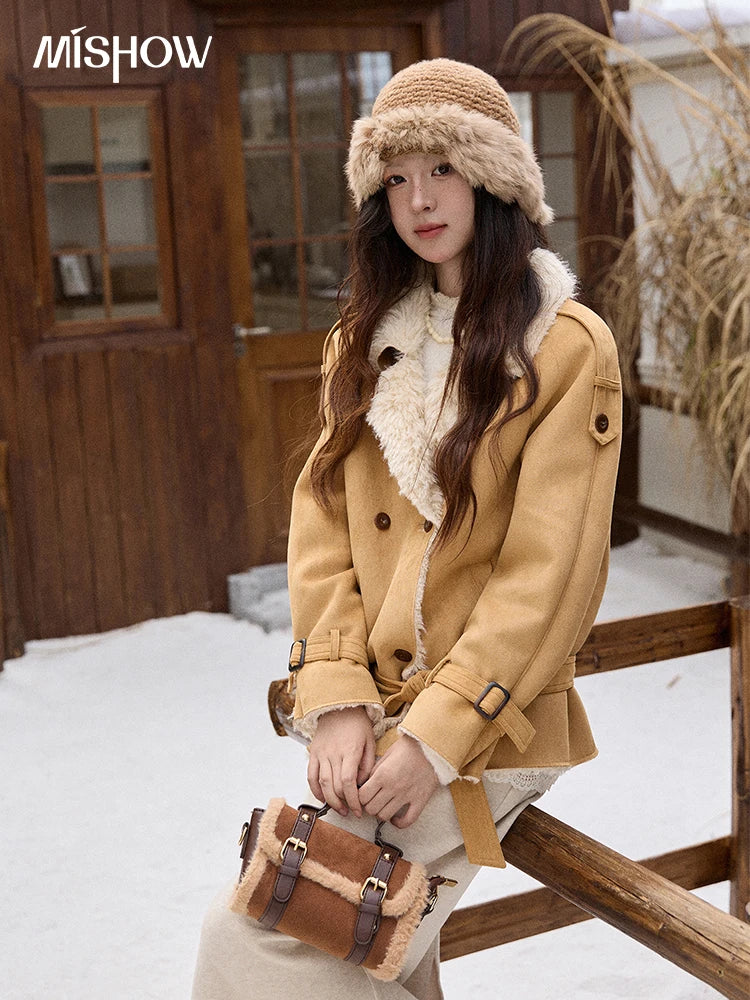MISHOW Women Winter Jacket 2025 Fashion Suede Lambskin Fleece Coat Commute Windproof Retro Double-breasted Warm Coat MXE86W0907