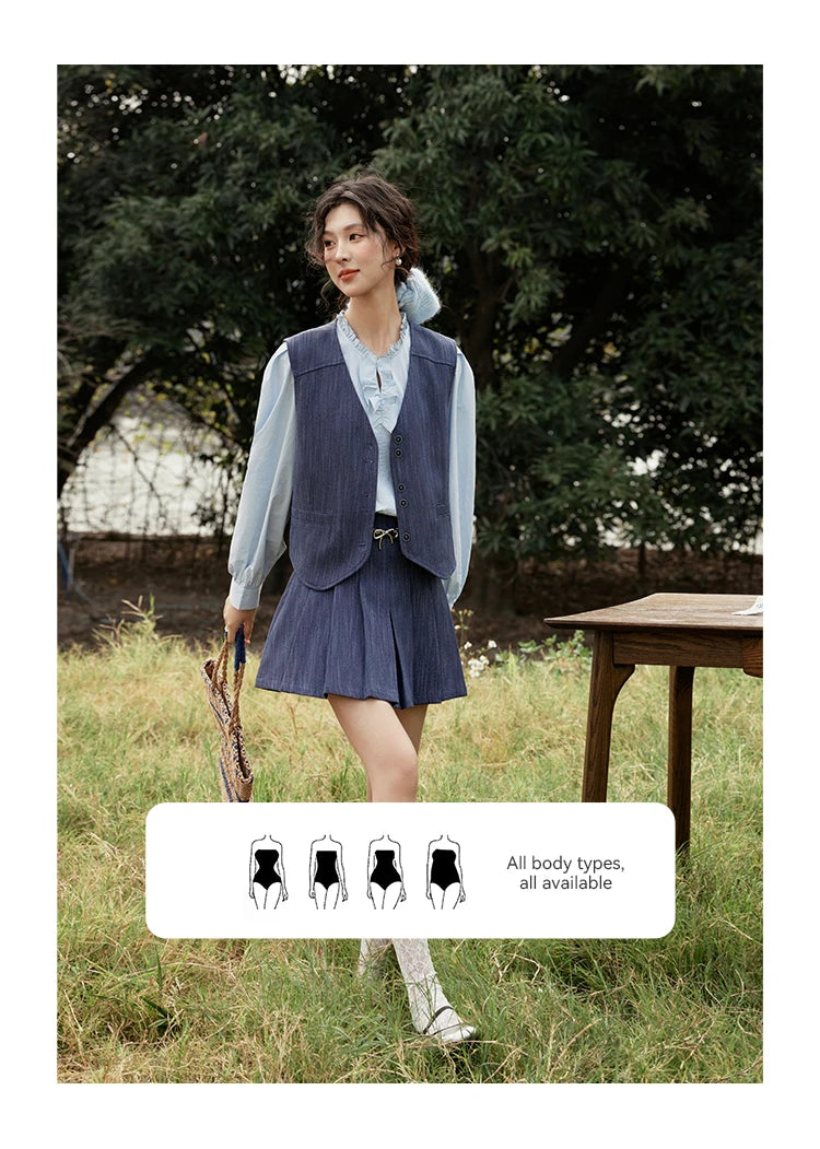 MISHOW Women's V-neck Vest Coat Pleated Skirt Set Spring 2025 Symmetric Fake Pocket Coat A-line Skirts (No with Belt) MXE31T0505