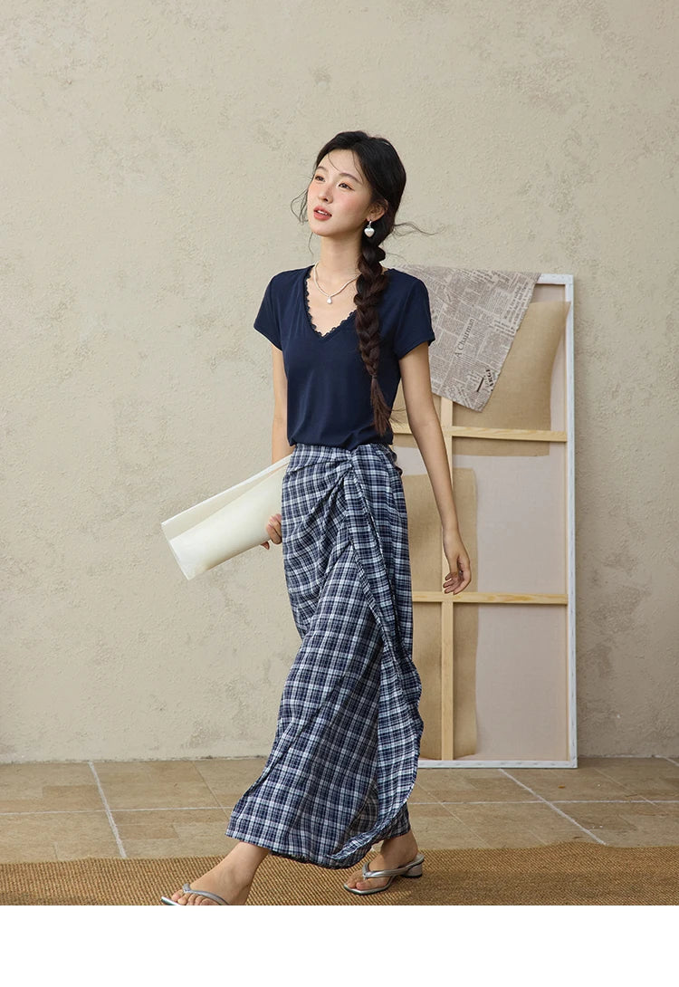 MISHOW Women's Short Sleeve T-shirt 2025 Summer Office Lady Fashion V-neck Spliced Lace Casual Tee Female Clothing  MXE36T0644