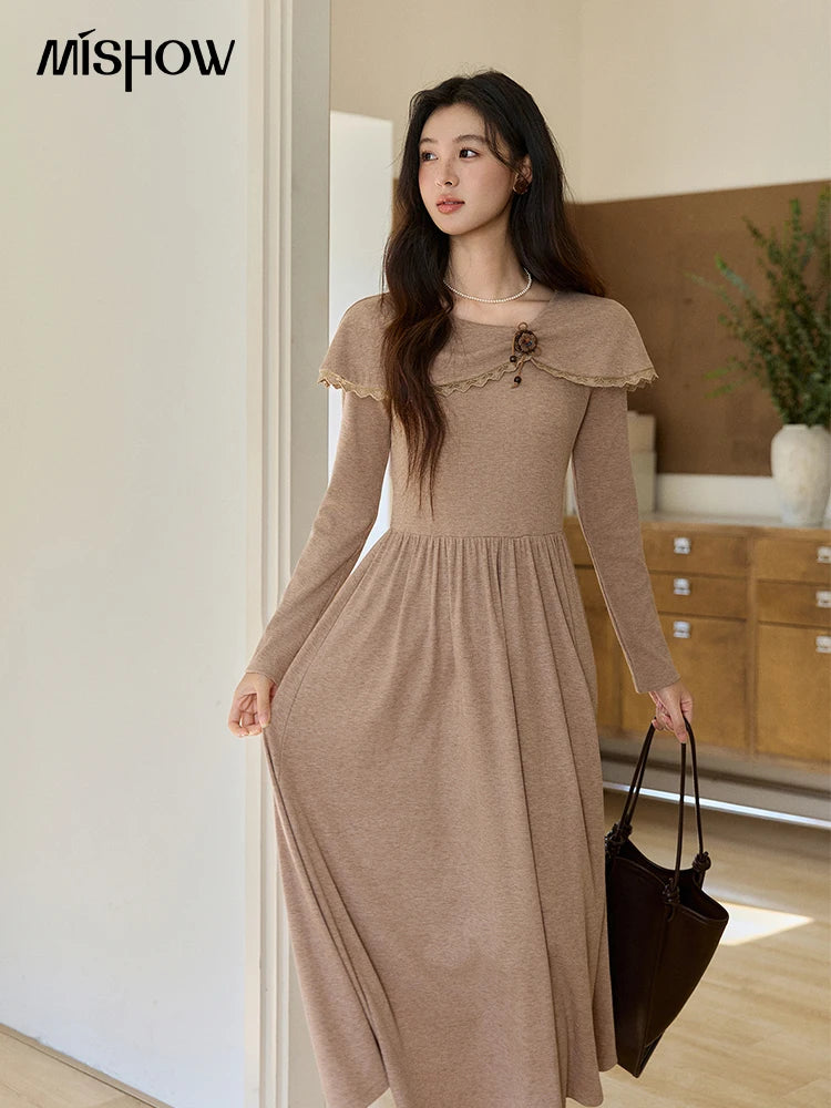 MISHOW Women's Khaki Knitted Dress 2026 Spring Large Collar Decor Long Sleeve Dresses Pleated Casual Elegant Dress MXF11L2553