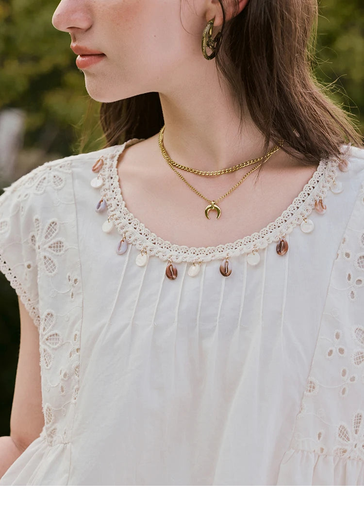 MISHOW French Summer Elegant Blouses Women 2025 Solid Short Flying Sleeve Round Neck Hollow Lace Shirts Woman Fashion MXE33X1778