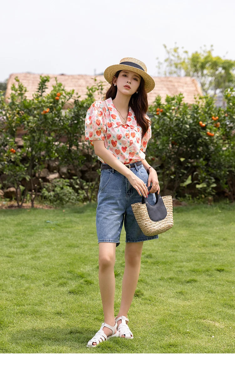 MISHOW Korean Floral Blouse Polo-Neck Puff Sleeve MXB27C0450