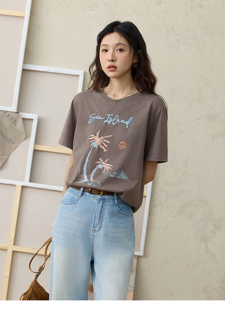 MISHOW Denim Blue Lace Straight Leg Pants for Women Summer 2025 High Waist Trousers 100 Cotton Casual Wide Leg Jeans MXE35K0947