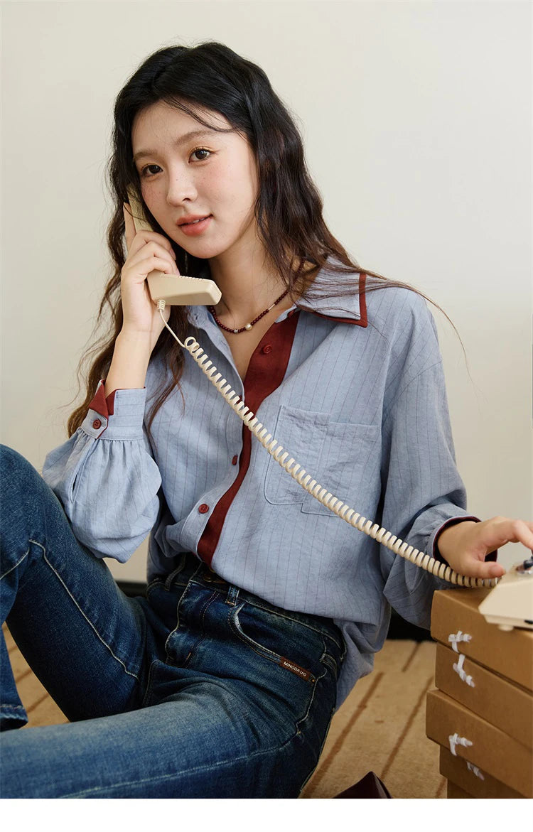 MISHOW Striped Shirt for Women Autumn 2025 Blue Red Splicing Contrasting Color Shirts Laple Loose Retro Commute Top MXE46C2405