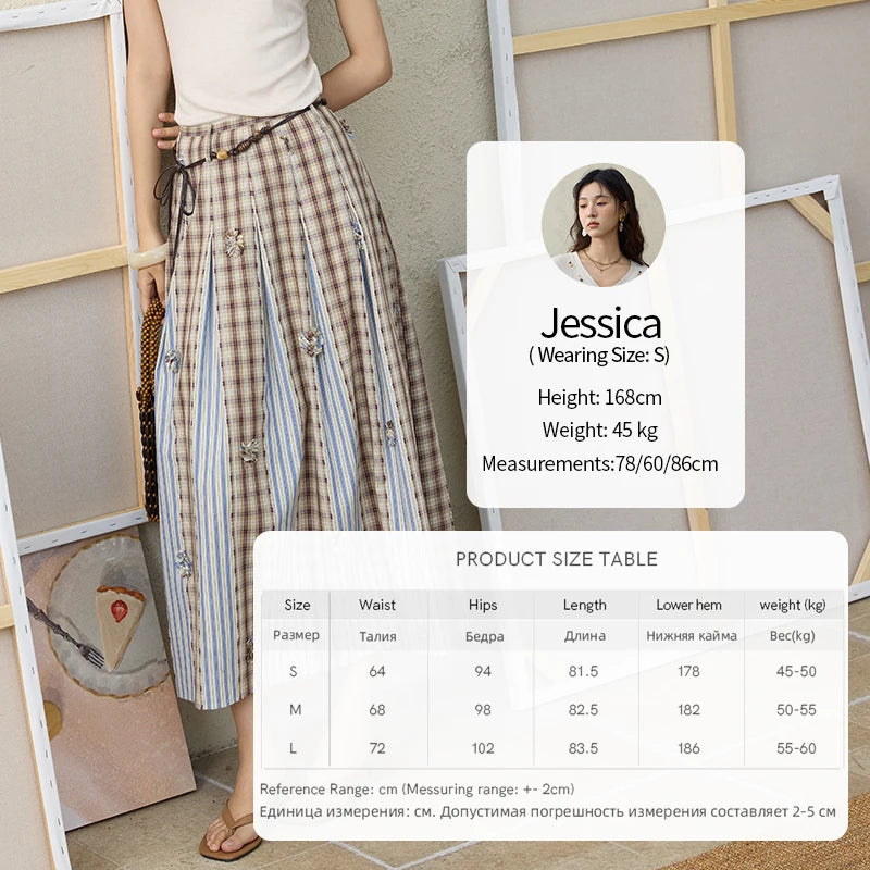 MISHOW Retro Plaid Patchwork Pleats Skirt Summer 2025 Versatile Flowers Slim Skirt A-LINE Skirts Excluding Waist Belt MXE35B0726