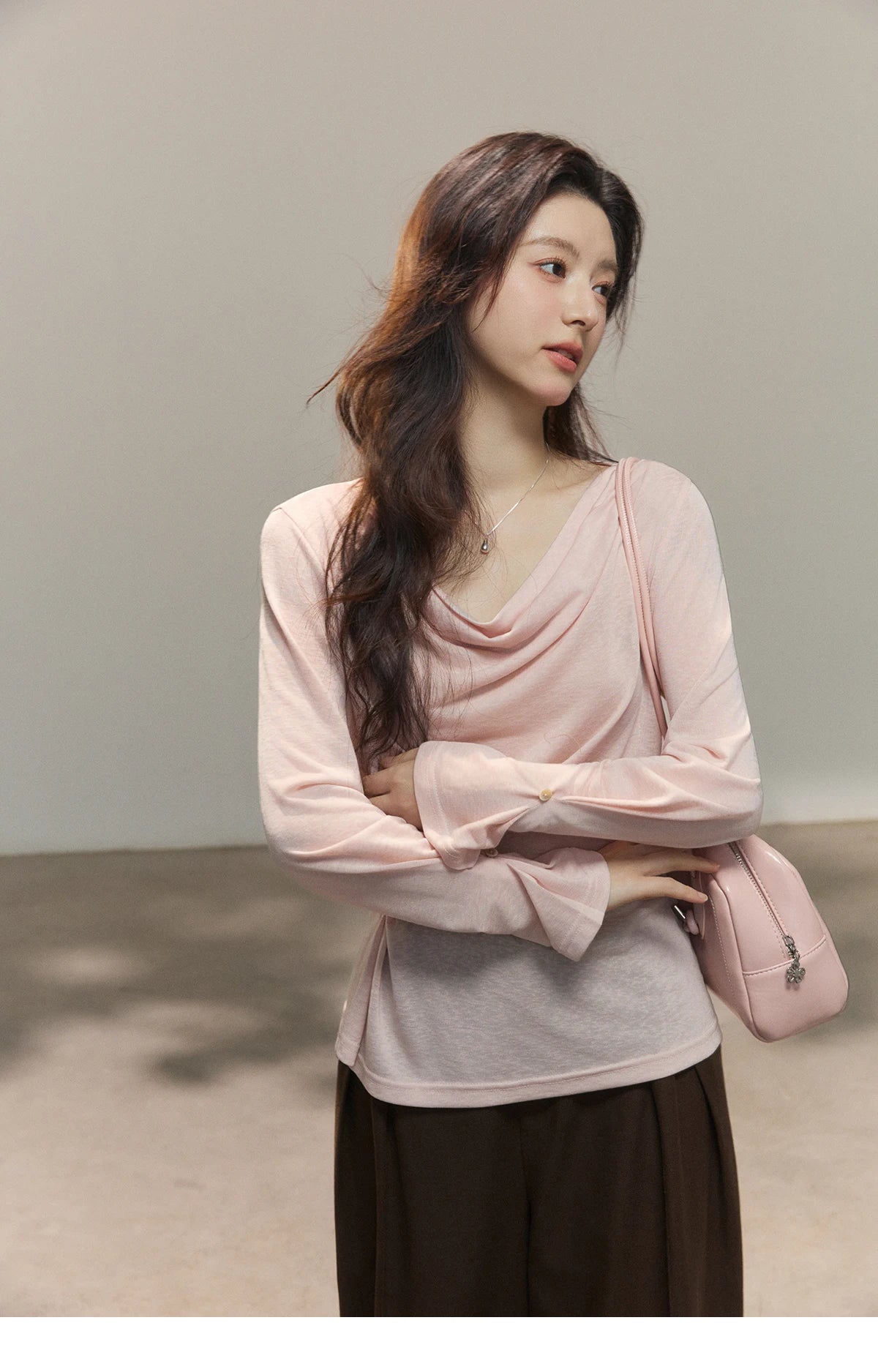 MISHOW Women's Multi Colored Knitted Top 2026 Spring Swinging Collar Flare Sleeve Top Side Twist Whist Casual T-Shirt MXF13T1473