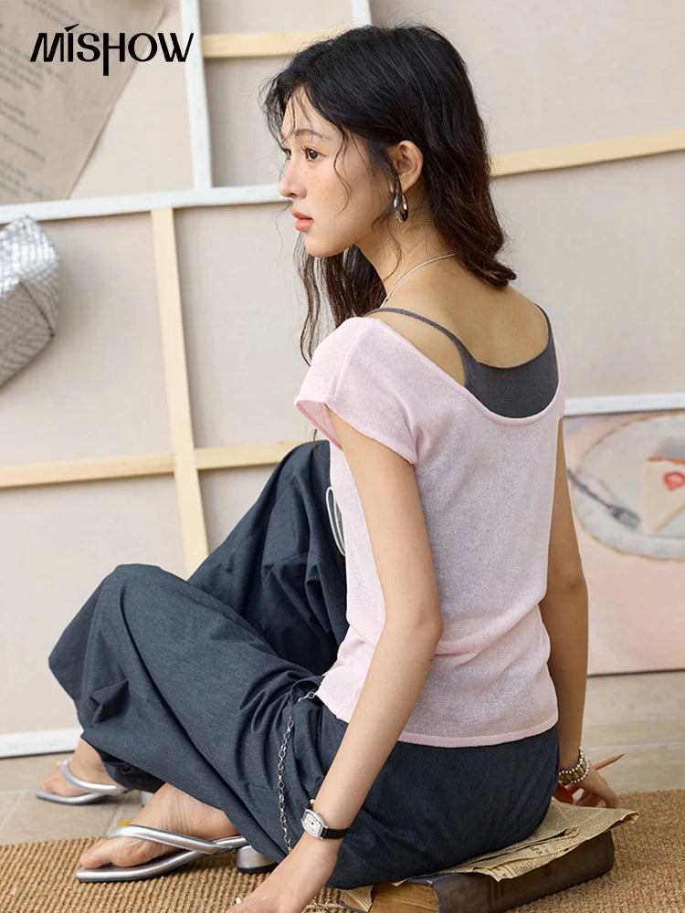 MISHOW Women's Linen Short Sleeve T-shirt 2025 Summer Contrast Color Fake Two-piece Knitted Top Thin Cool Casual Tees MXE36Z1277