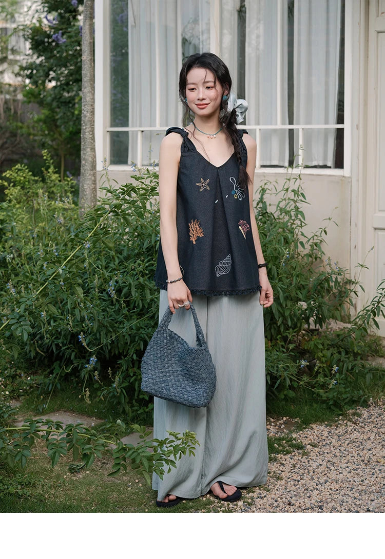 MISHOW Women's Fashion Strap Vest Summer 2025 Embroidery Lace Sleeveless Lady Camis Casual Vacation Tassel Denim Top MXE37X1860