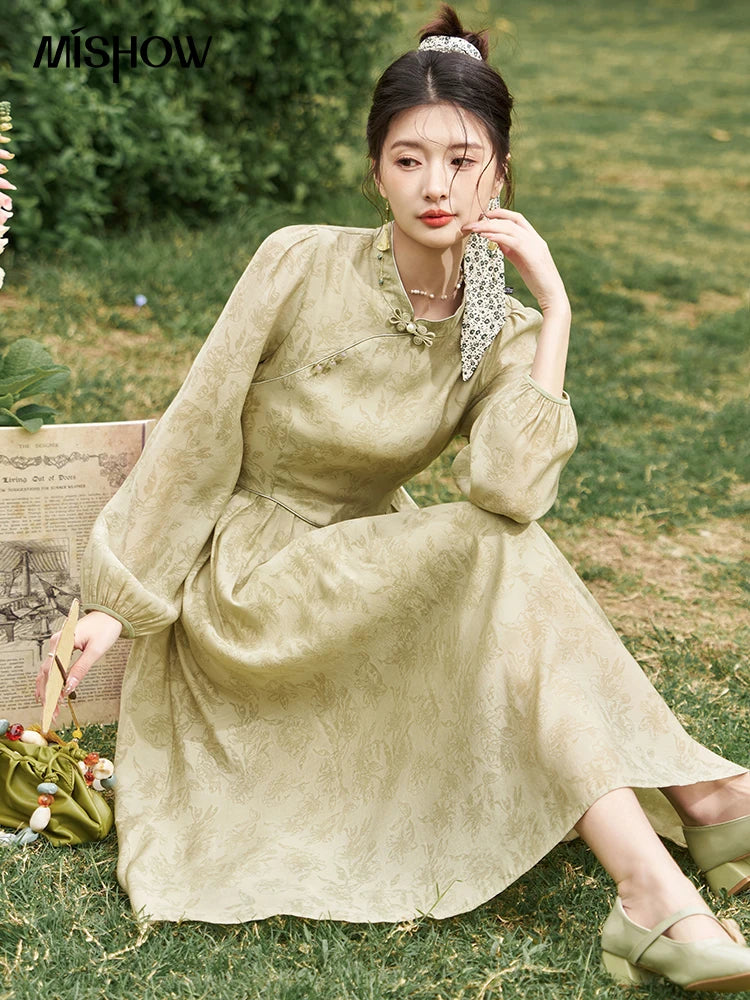 MISHOW Retro Chinese Improved Cheongsam Dress 2024 Spring Chiffon Printing Green Puff Sleeve Stand Neck Waist Dresses MXD14L1767