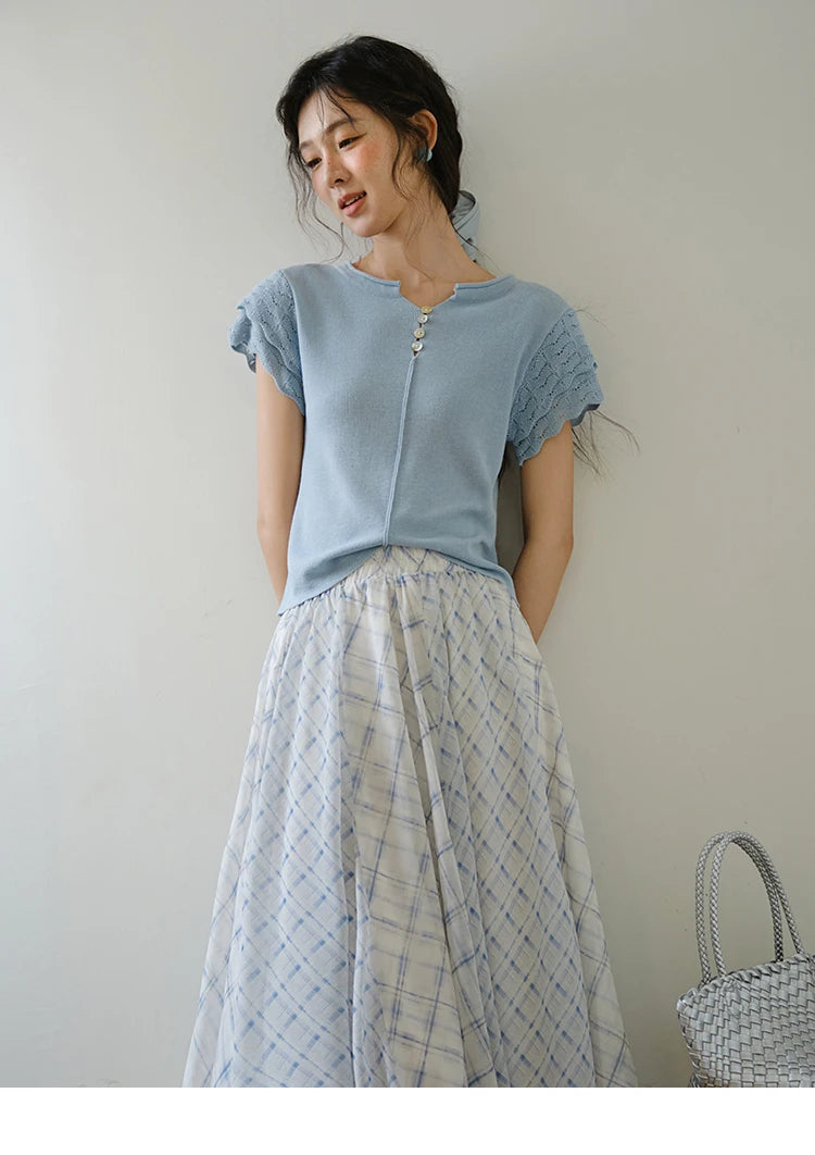 MISHOW Patchwork Plaid Chiffon Half Skirt for Women 2025 Summer Fashion Irregular Wave Edge High Waist A-line Skirt MXE34B0739